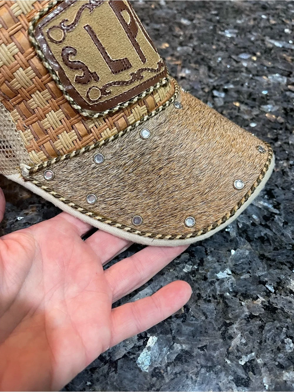 SL Potosi Women's Tan Cowhide Woven Trucker Cap with Stud Detail SnapBack